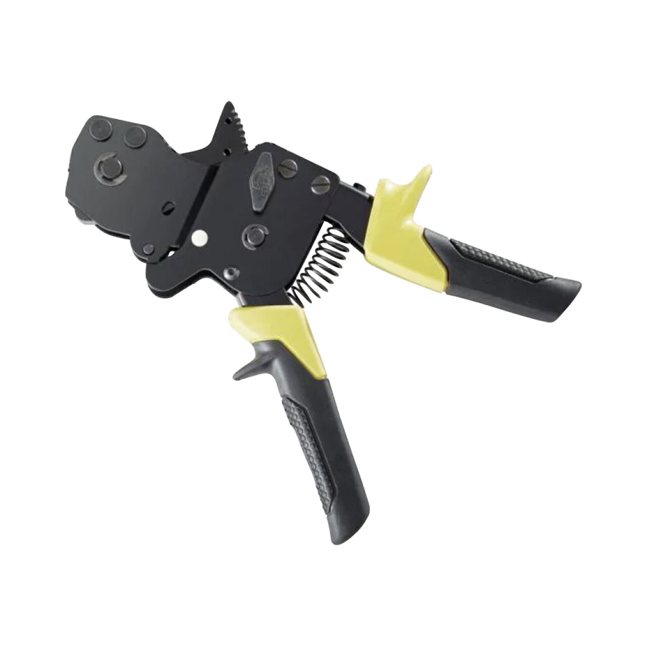 The Go Build 3/8 in. - 1 in. 1-Hand PEX Pinch Clamp Tool is a black and yellow handheld tool with ergonomic grips and a spring mechanism, perfect for easy wire stripping and crimping, shown isolated on a white background.